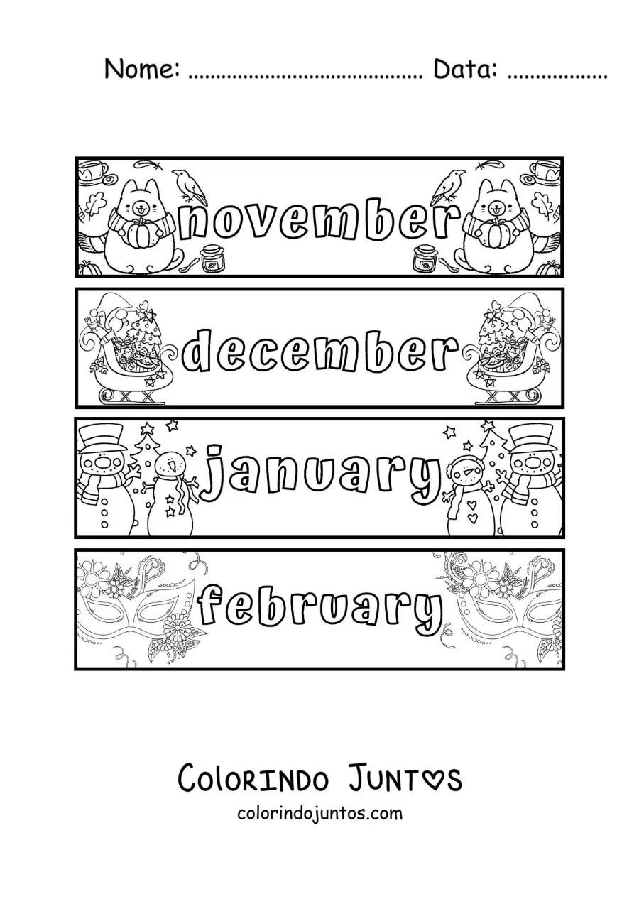 Desenho para colorir de fichas infantis com os meses em inglês de novembro a fevereiro