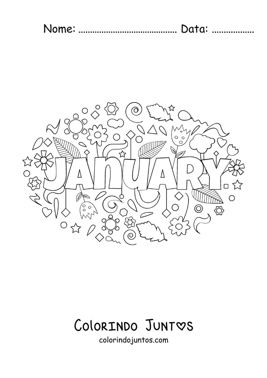 Desenho para colorir de janeiro em inglês com flores