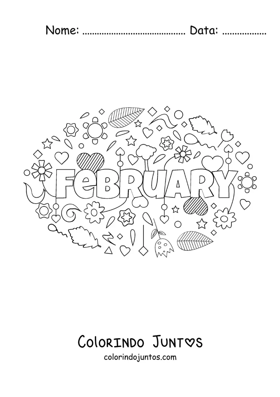 Desenho para colorir de fevereiro em inglês com flores