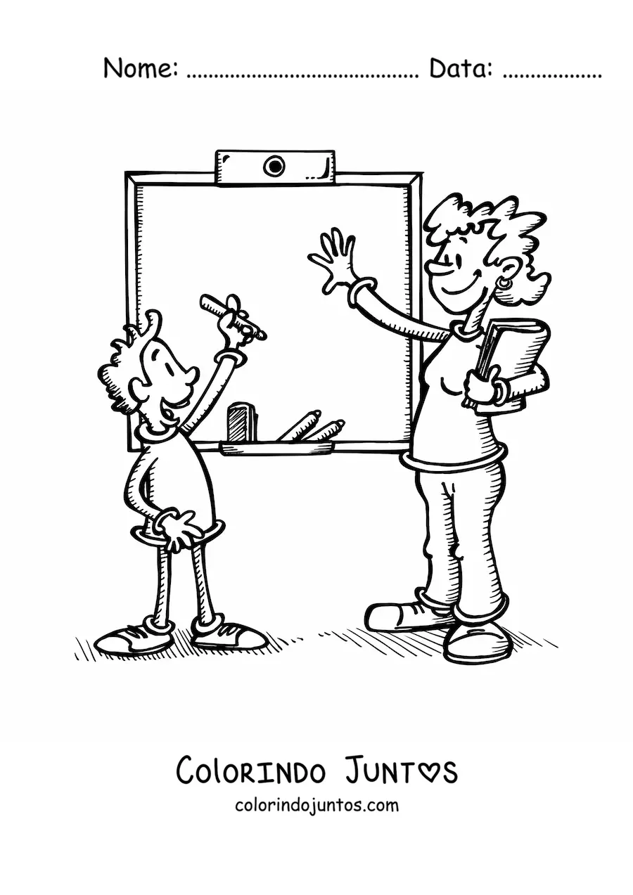 Desenho para colorir de uma professora e um aluno junto a lousa