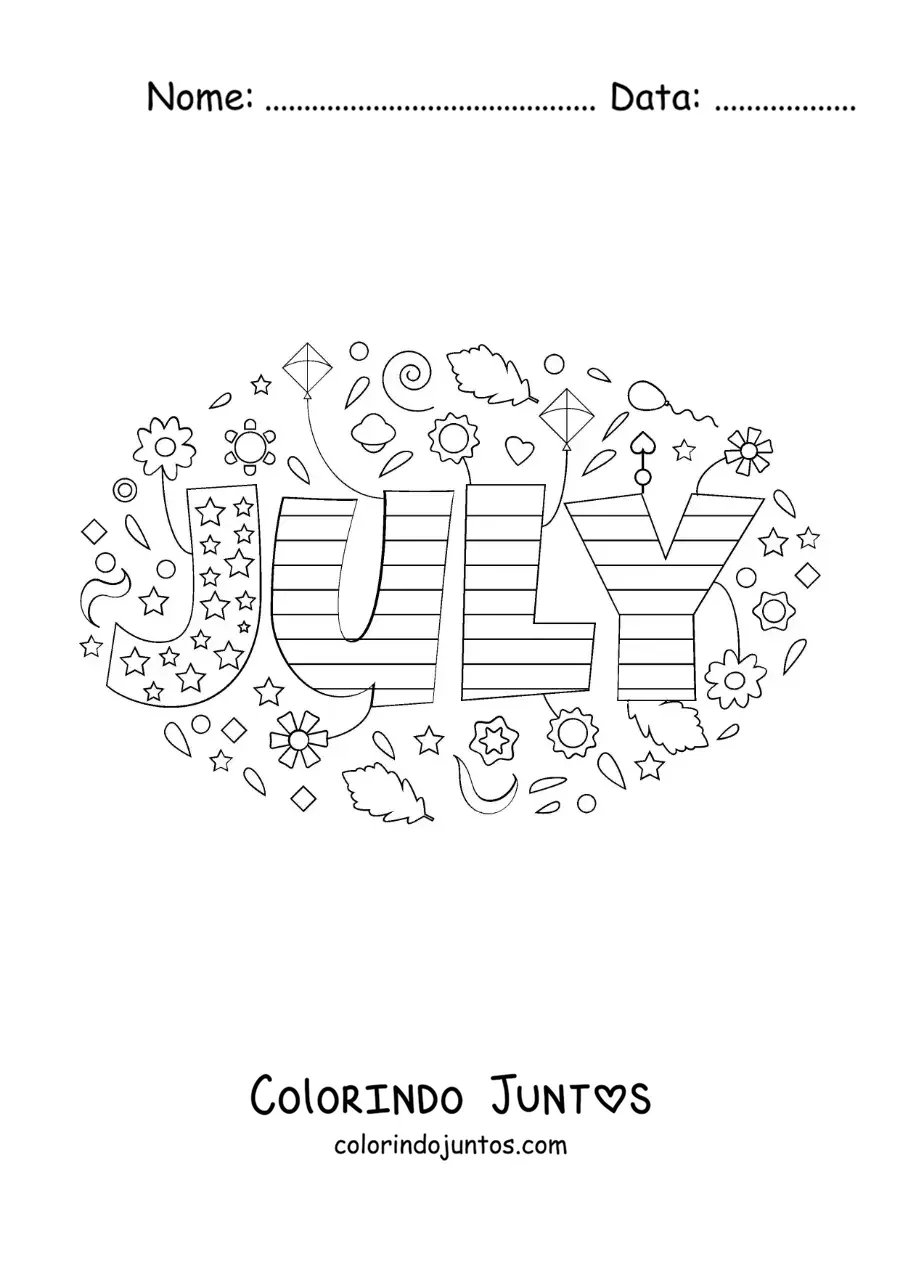 Desenho para colorir de julho em inglês com flores