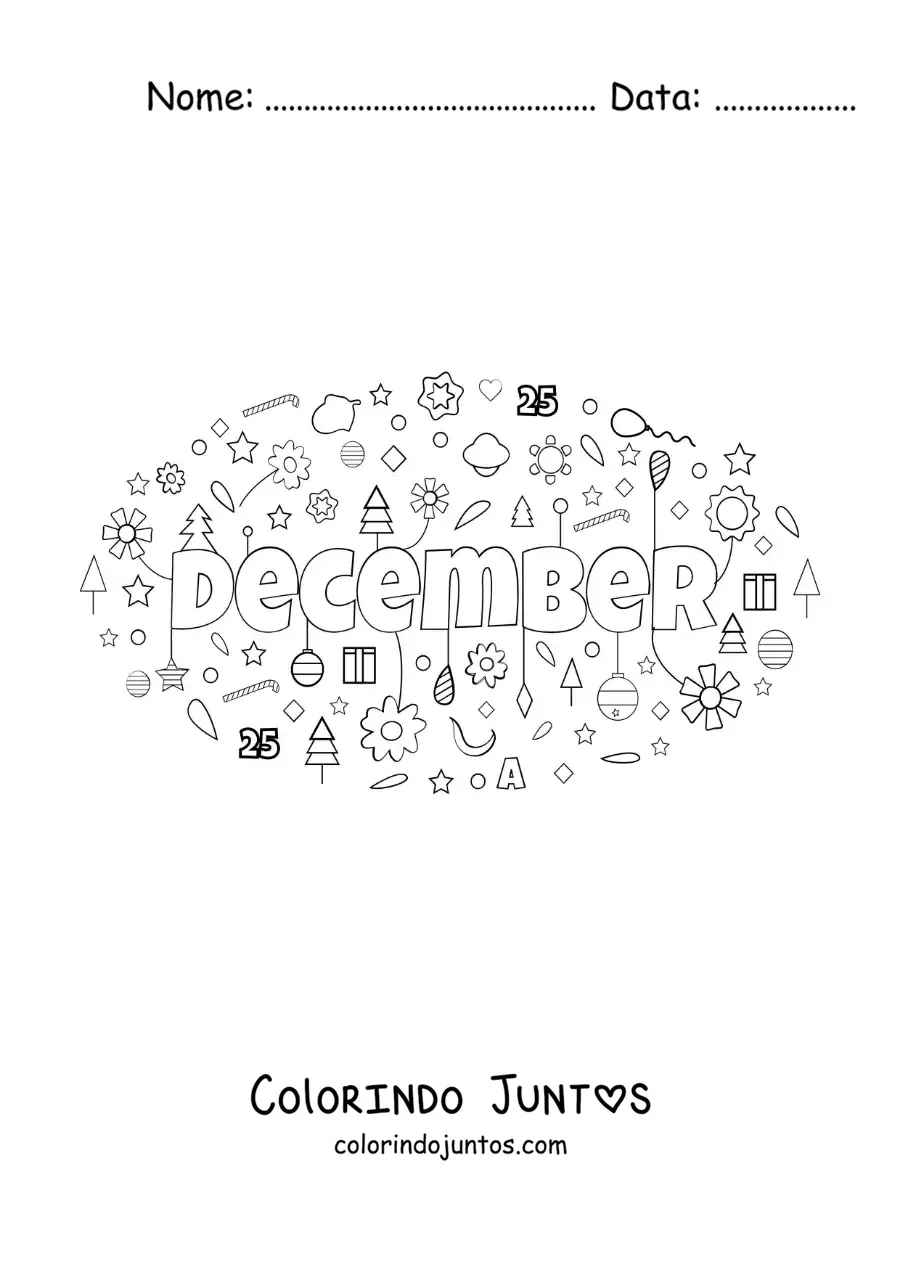 Desenho para colorir de dezembro em inglês com flores