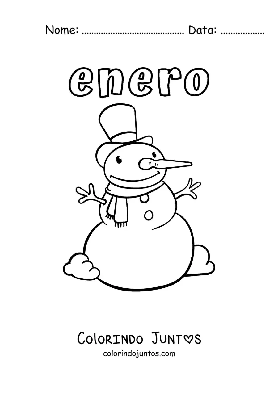 Desenho para colorir de janeiro com um boneco de neve animado