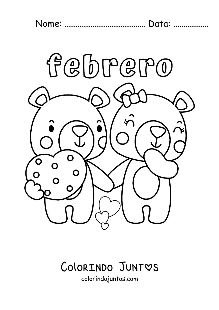 Desenho para colorir de fevereiro com ursinhos de São Valentim