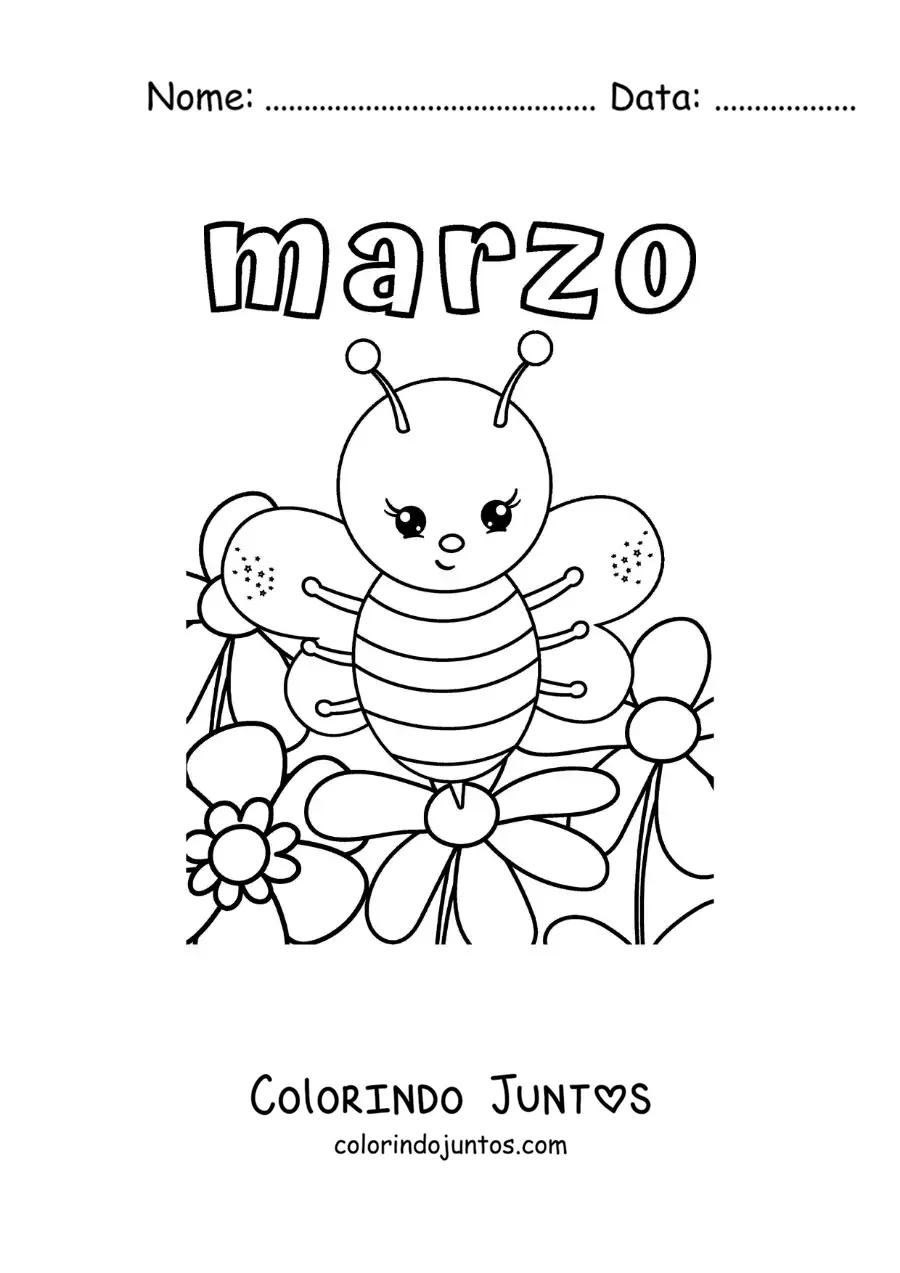 Desenho para colorir de março com uma abelha animada na primavera
