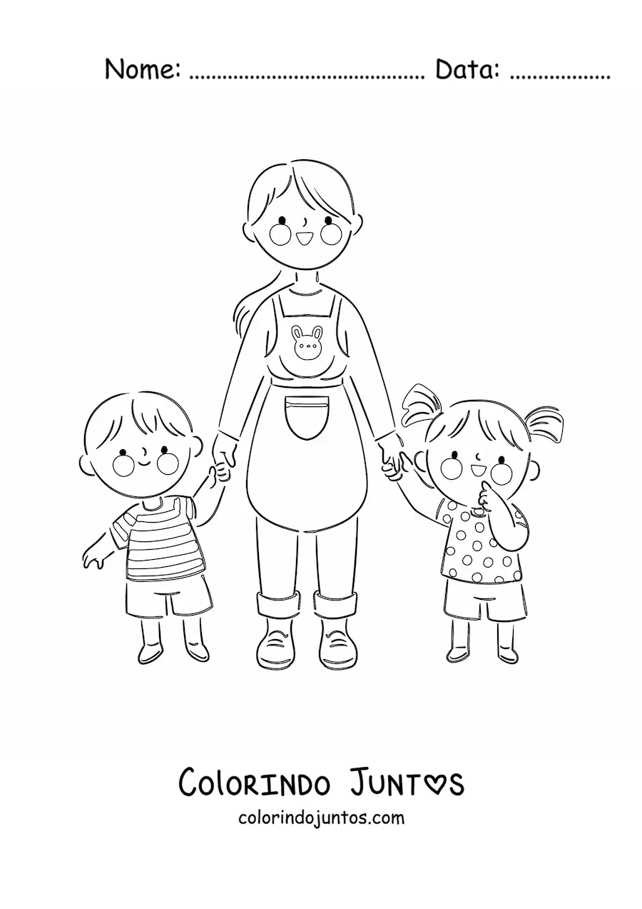 Desenho para colorir de uma professora de maos dadas com dois alunos do jardim de infancia
