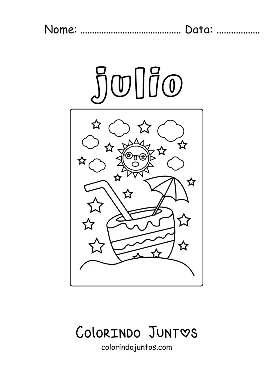 Desenho para colorir de julho com um sol animado no verão