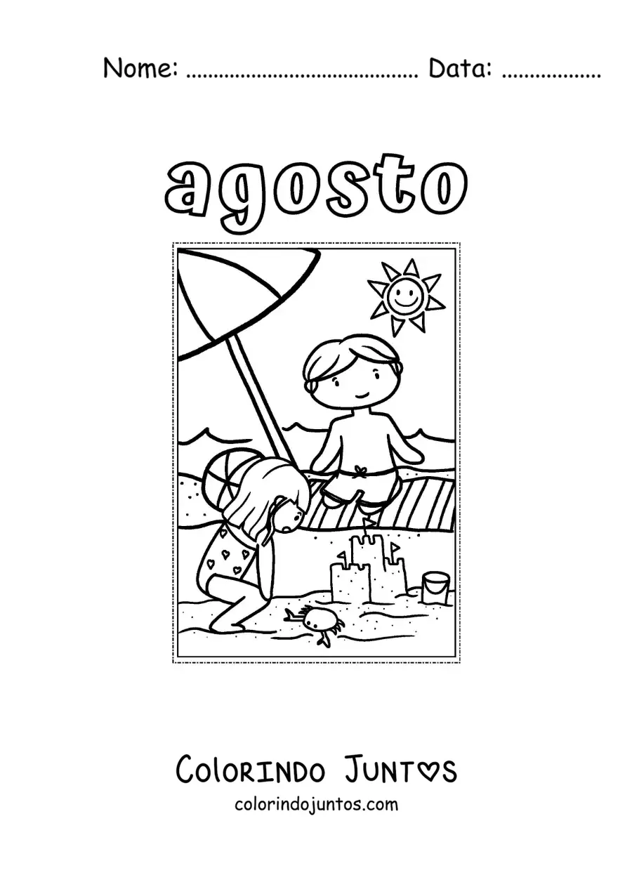 Desenho para colorir de agosto com crianças de férias na praia