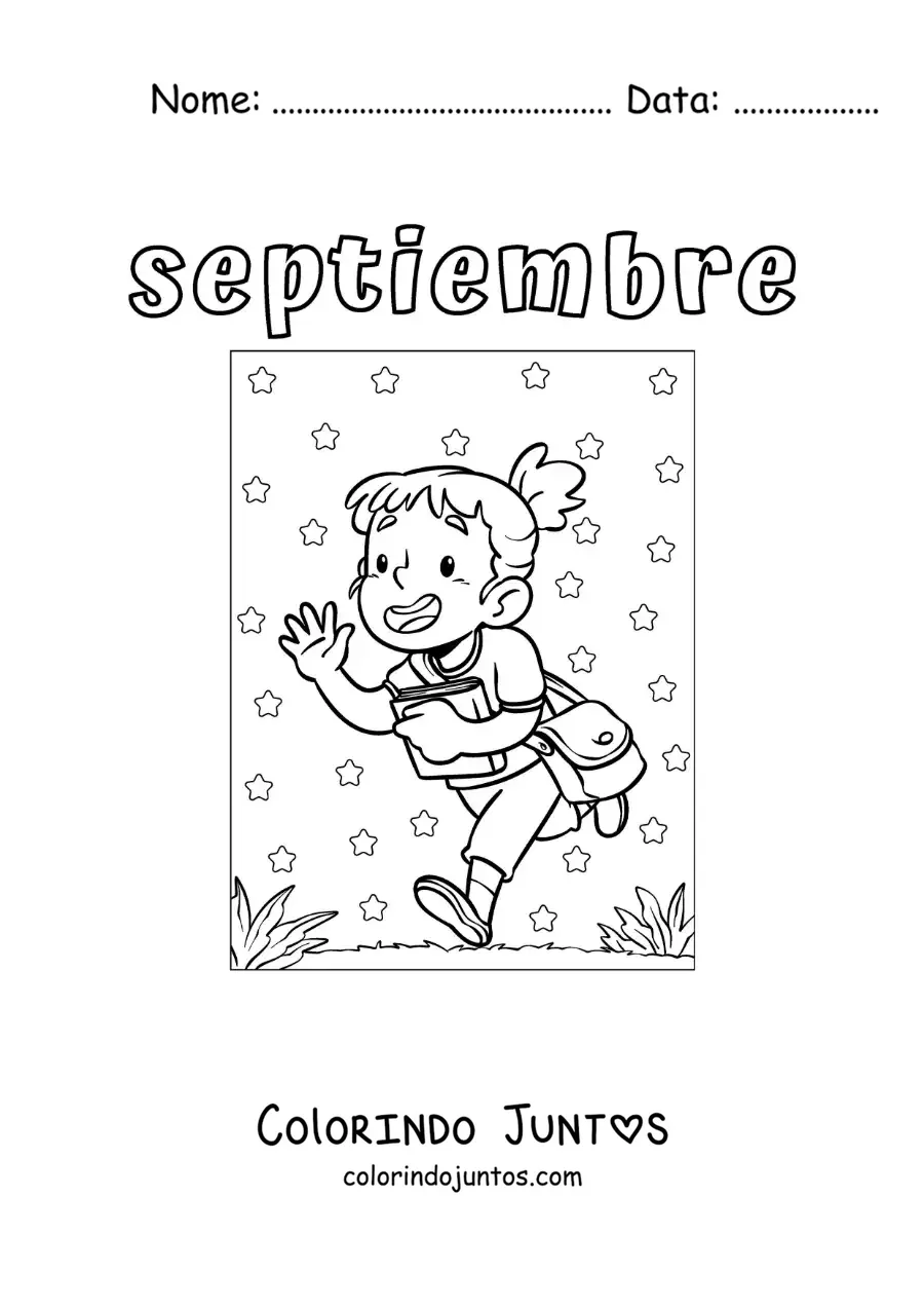 Desenho para colorir de setembro com uma menina a caminho da escola