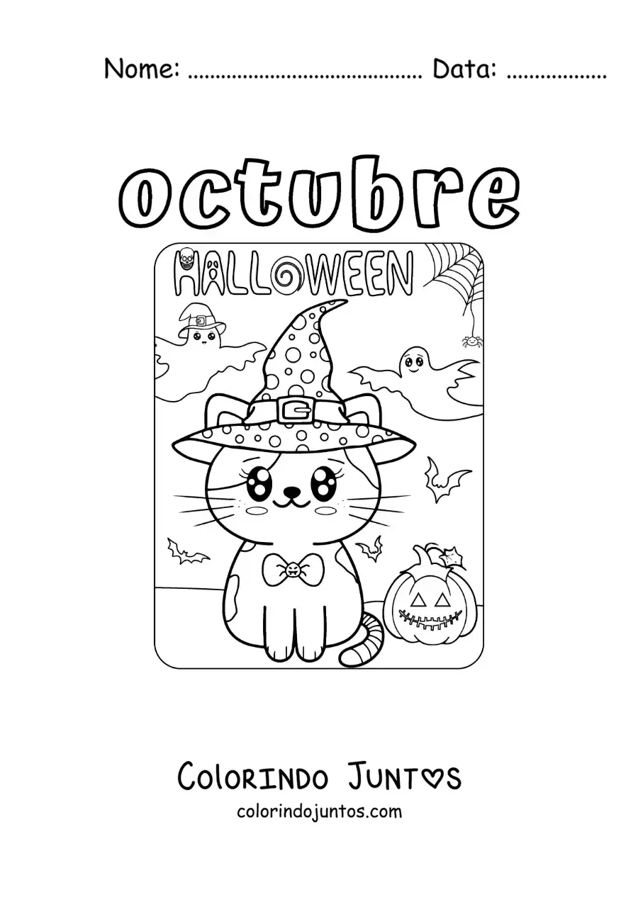 Desenho para colorir de outubro com um gato fofo no Halloween