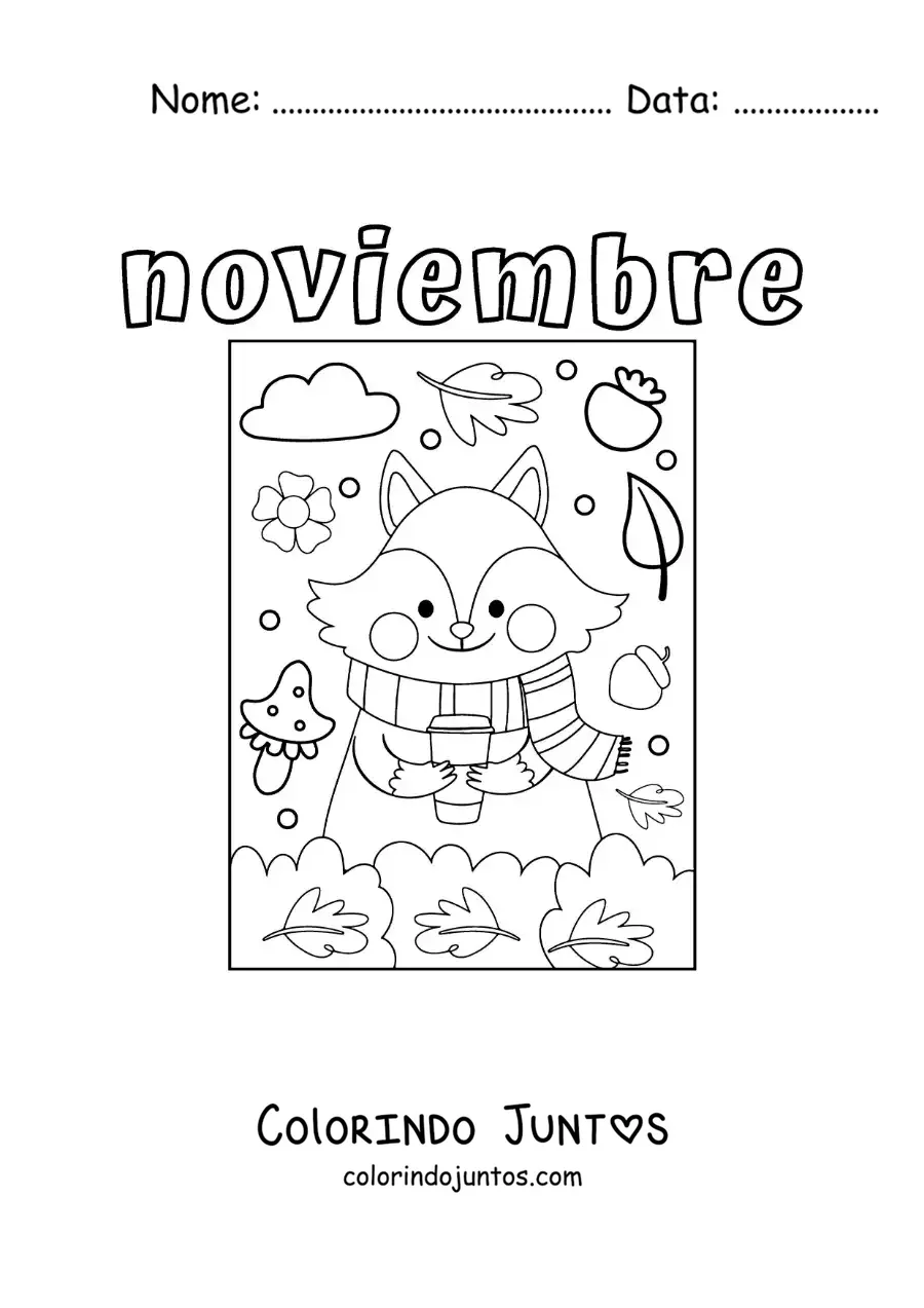 Desenho para colorir de novembro com uma raposa animada no outono