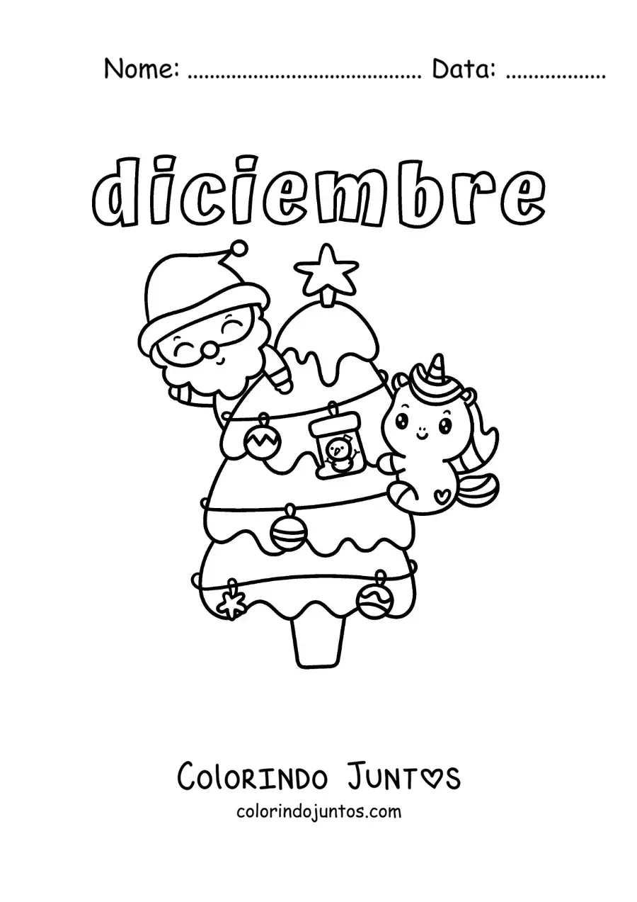 Desenho para colorir de dezembro com o Papai Noel e um unicórnio na arvorezinha