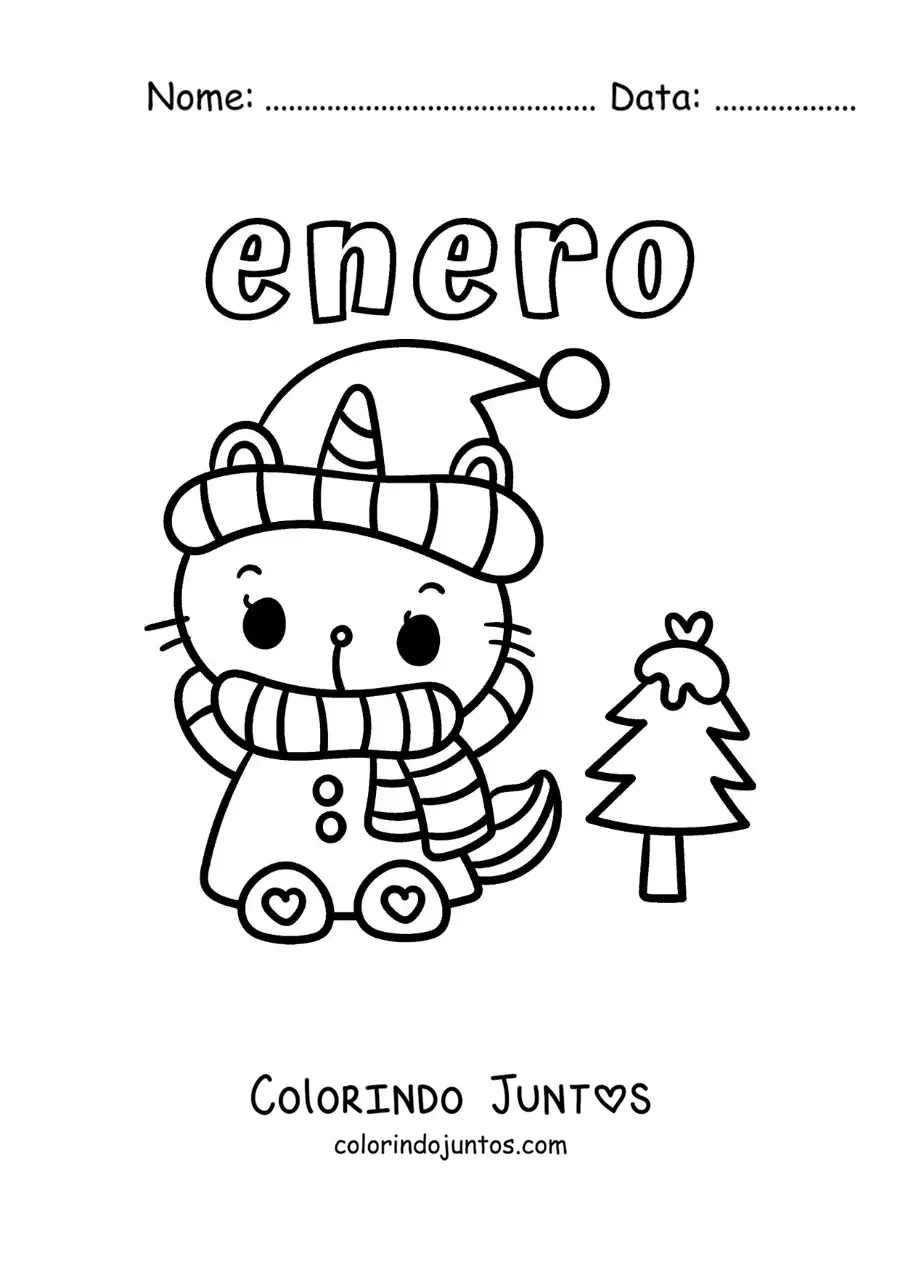Desenho para colorir de janeiro com um gatinho agasalhado e um pinheiro nevado