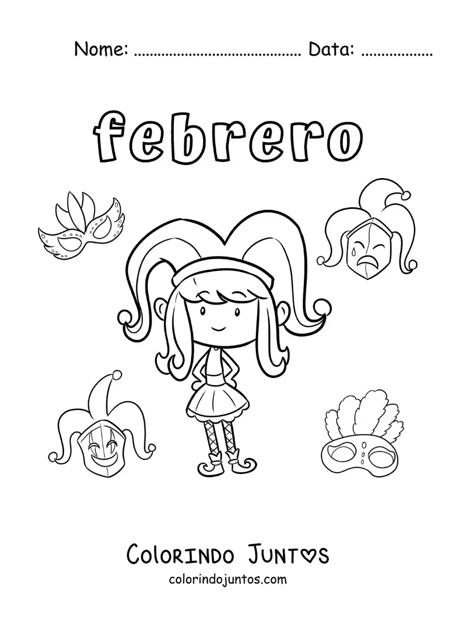 Desenho para colorir de fevereiro com uma menina no Carnaval