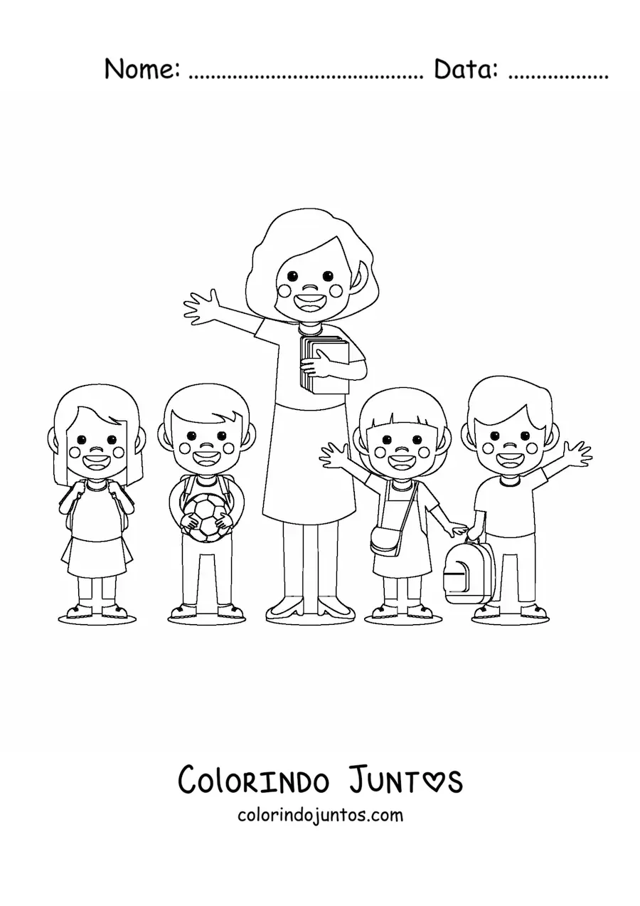 Desenho para colorir de uma professora junto a varios alunos do ensino fundamental