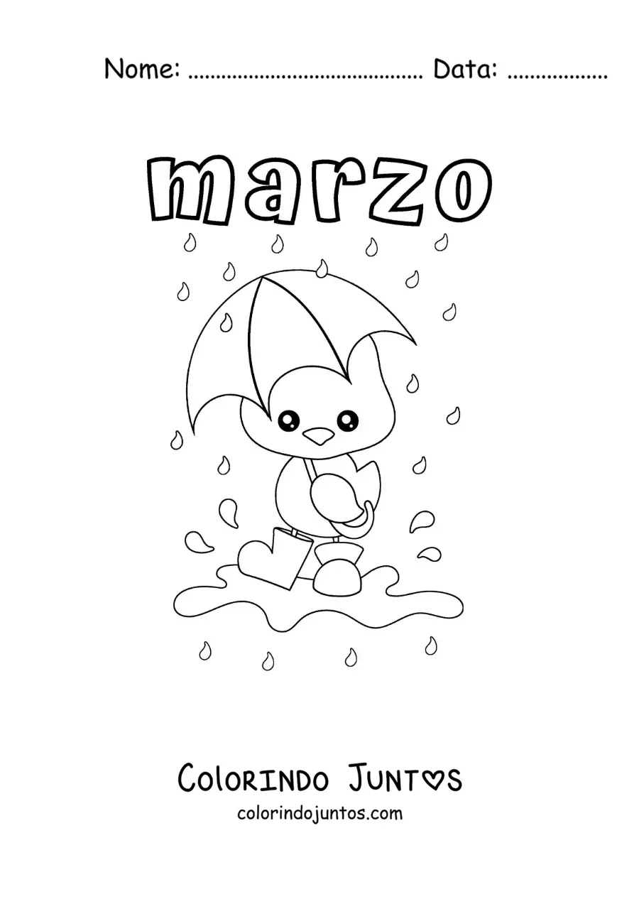 Desenho para colorir de março com um pato animado na chuva