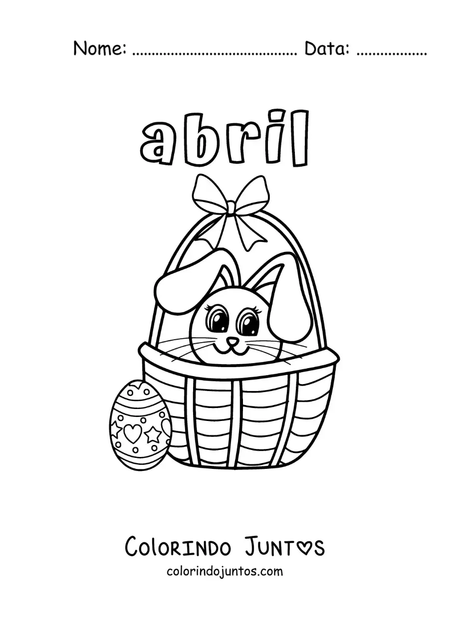 Desenho para colorir de abril com o coelho da Páscoa em uma cesta