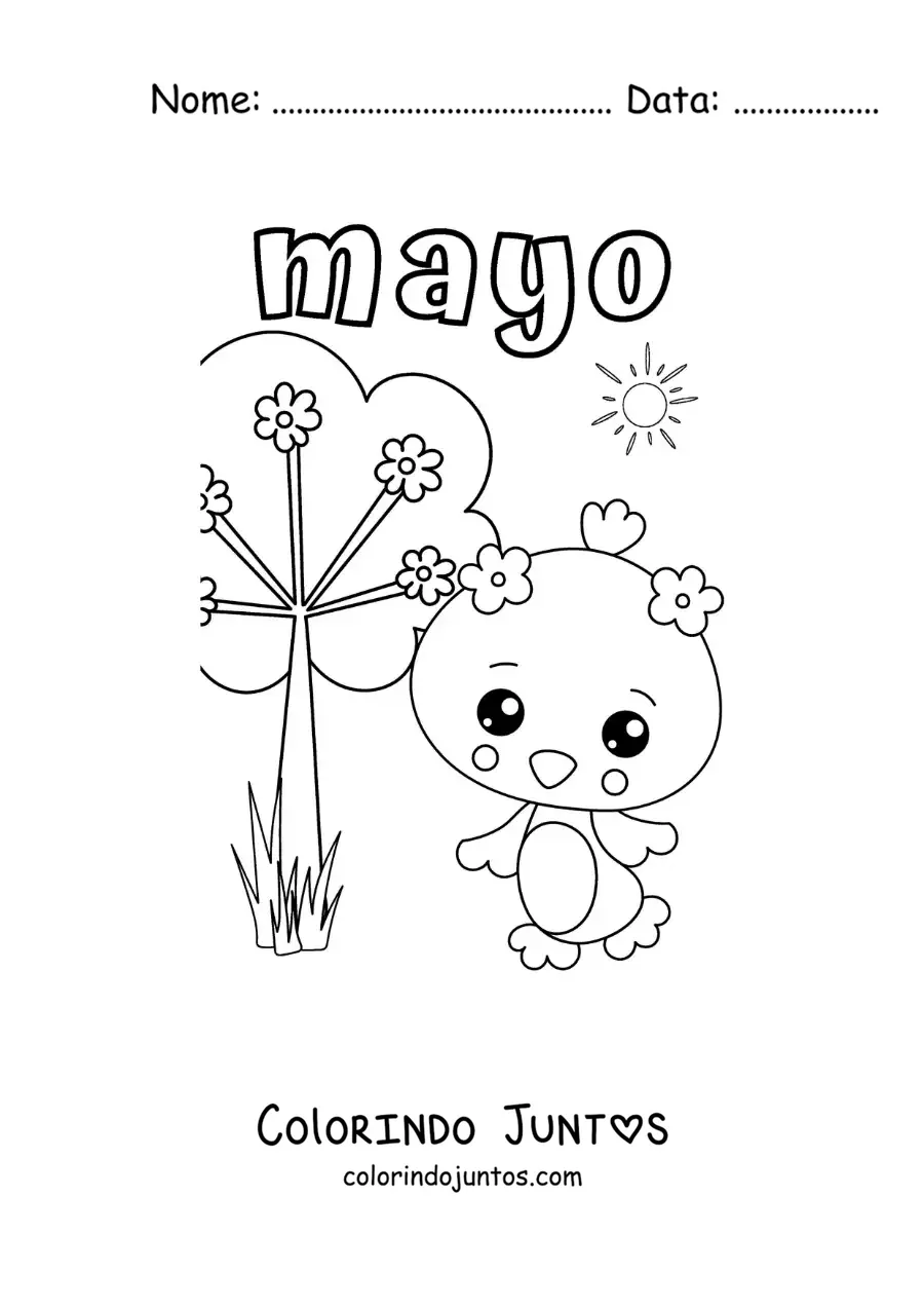 Desenho para colorir de maio com um pássaro animado na primavera