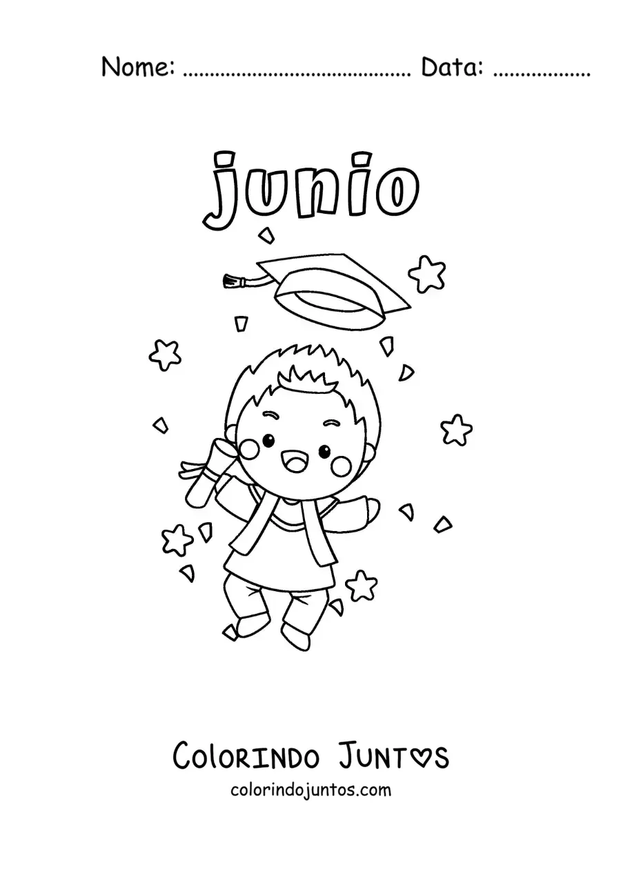 Desenho para colorir de junho com uma criança de beca e diploma