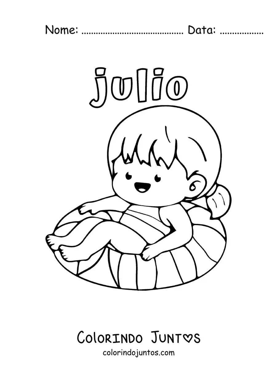 Desenho para colorir de julho com uma menina na piscina