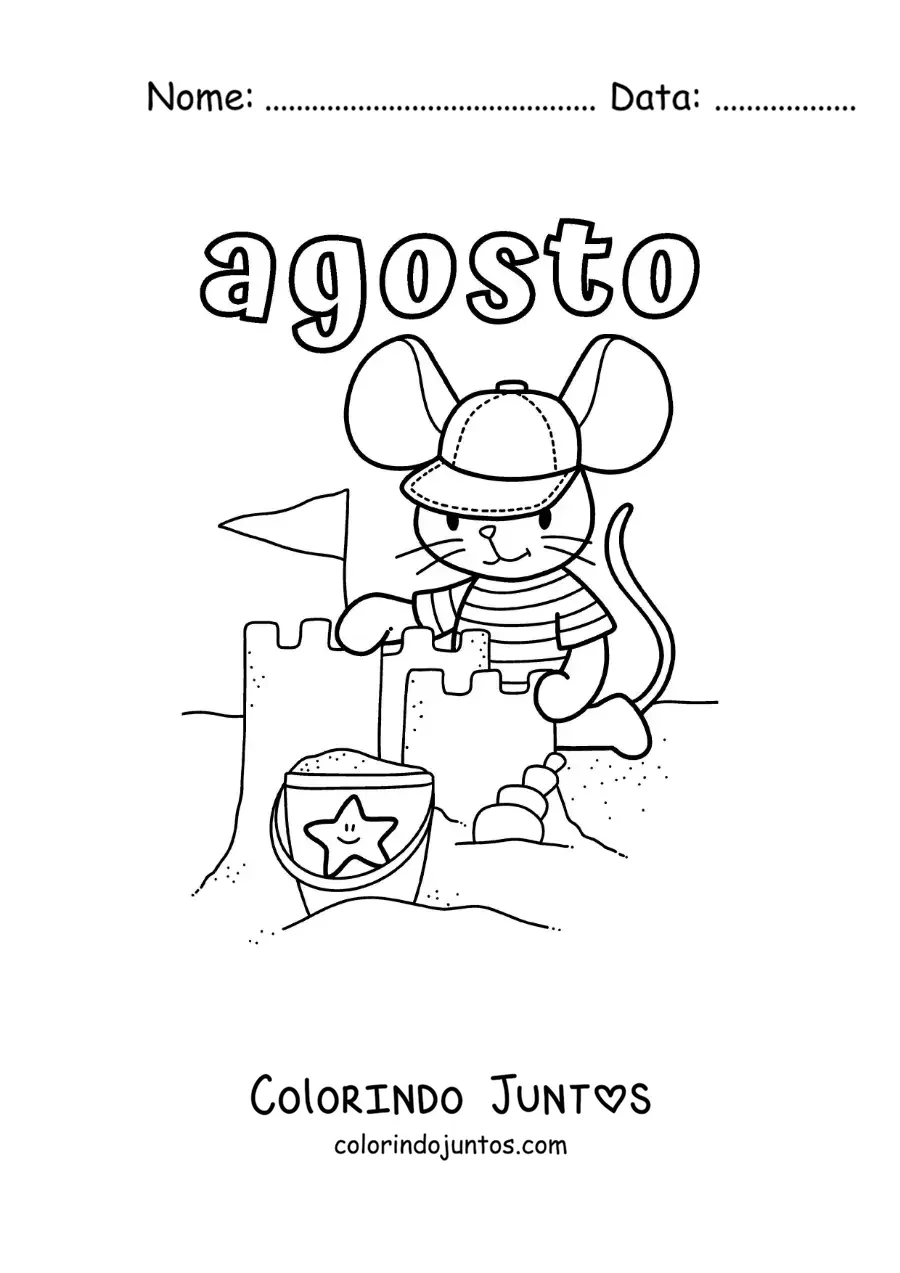 Desenho para colorir de agosto com um rato animado construindo um castelo de areia