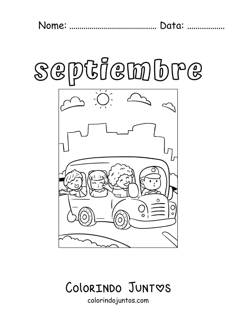 Desenho para colorir de setembro com um ônibus escolar