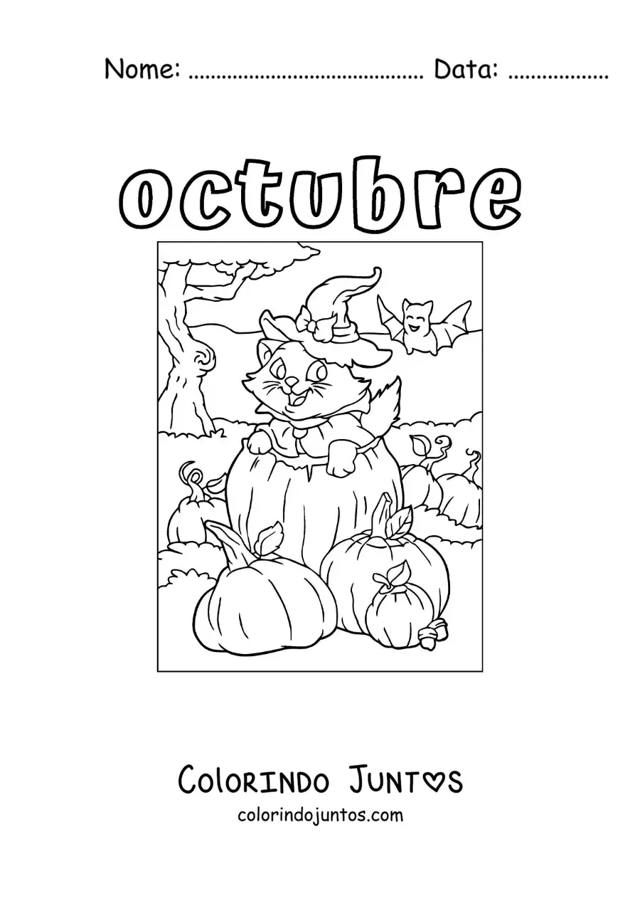Desenho para colorir de outubro com um gato animado no Halloween
