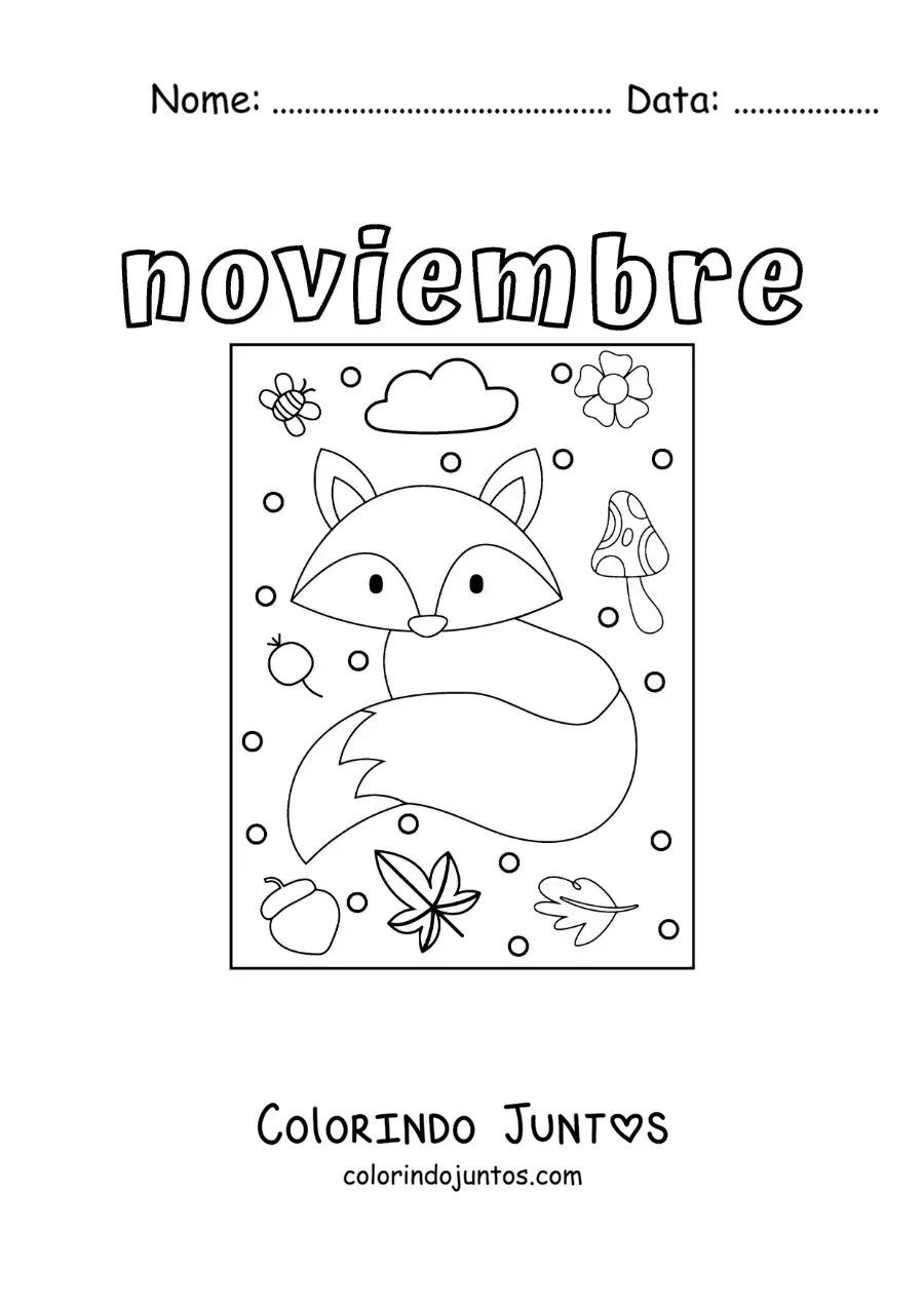 Desenho para colorir de novembro com uma raposa no outono
