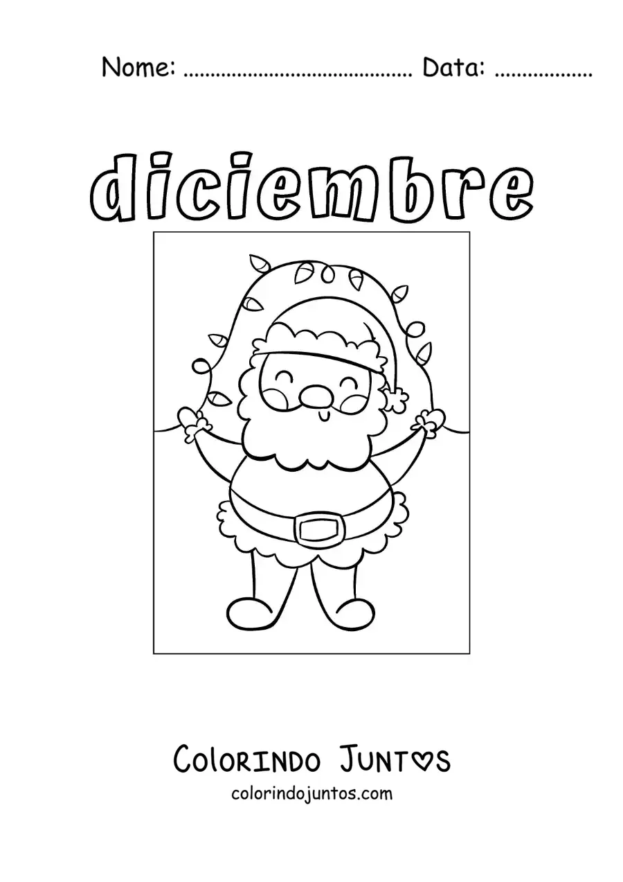 Desenho para colorir de dezembro com o Papai Noel e luzes decorativas