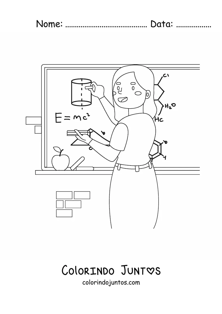 Desenho para colorir de uma professora de ciencias explicando uma formula