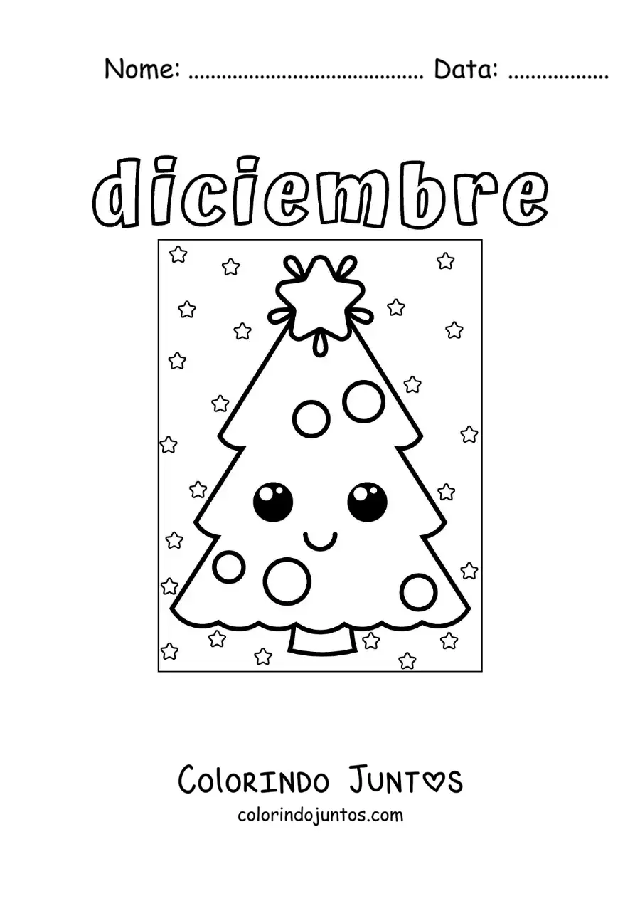 Desenho para colorir de dezembro com uma árvore de Natal animada