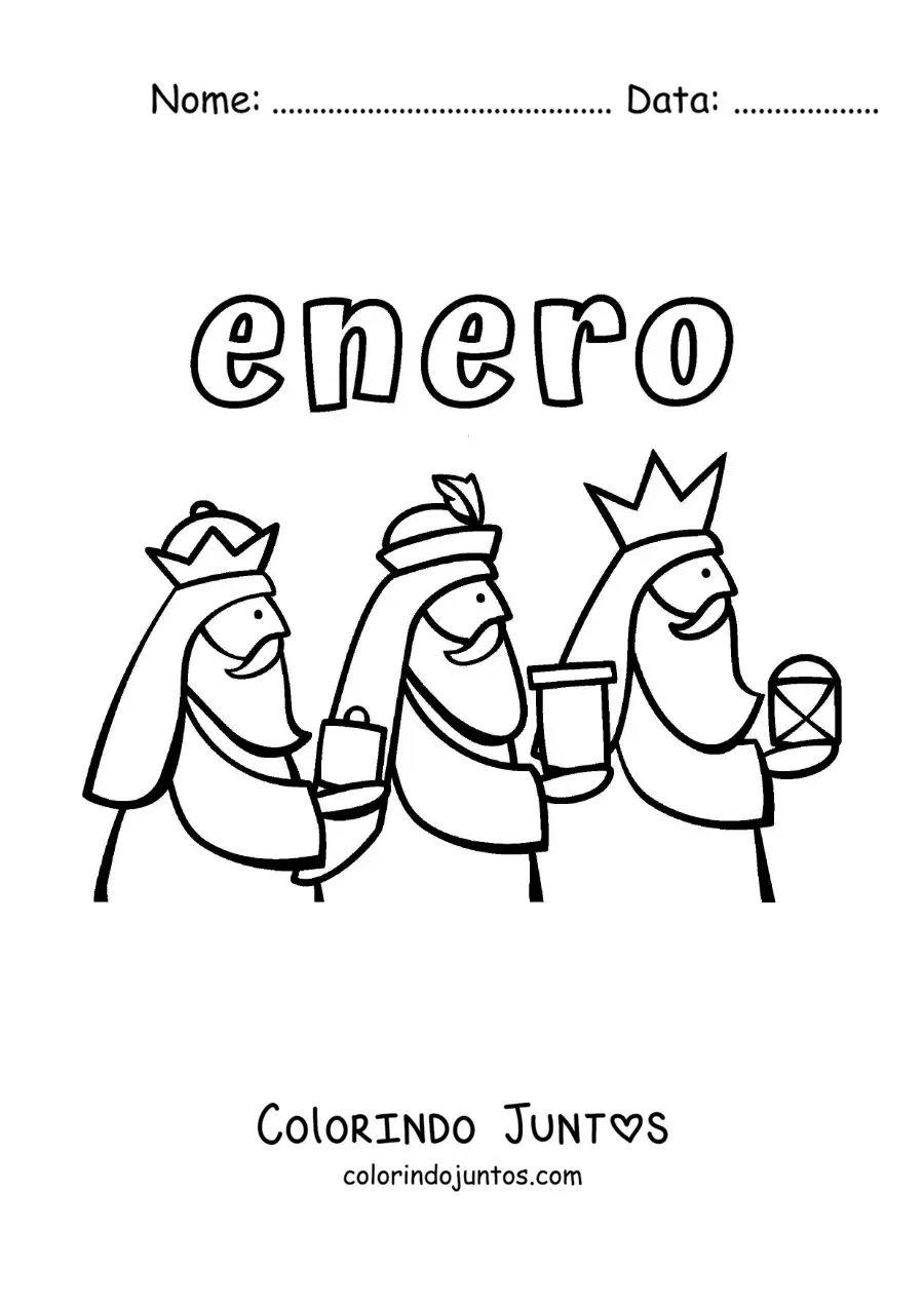 Desenho para colorir de janeiro com os Reis Magos animados