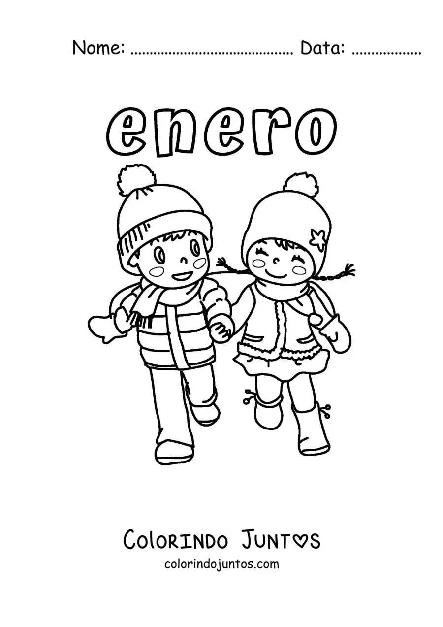 Desenho para colorir de janeiro com duas crianças com roupa de inverno