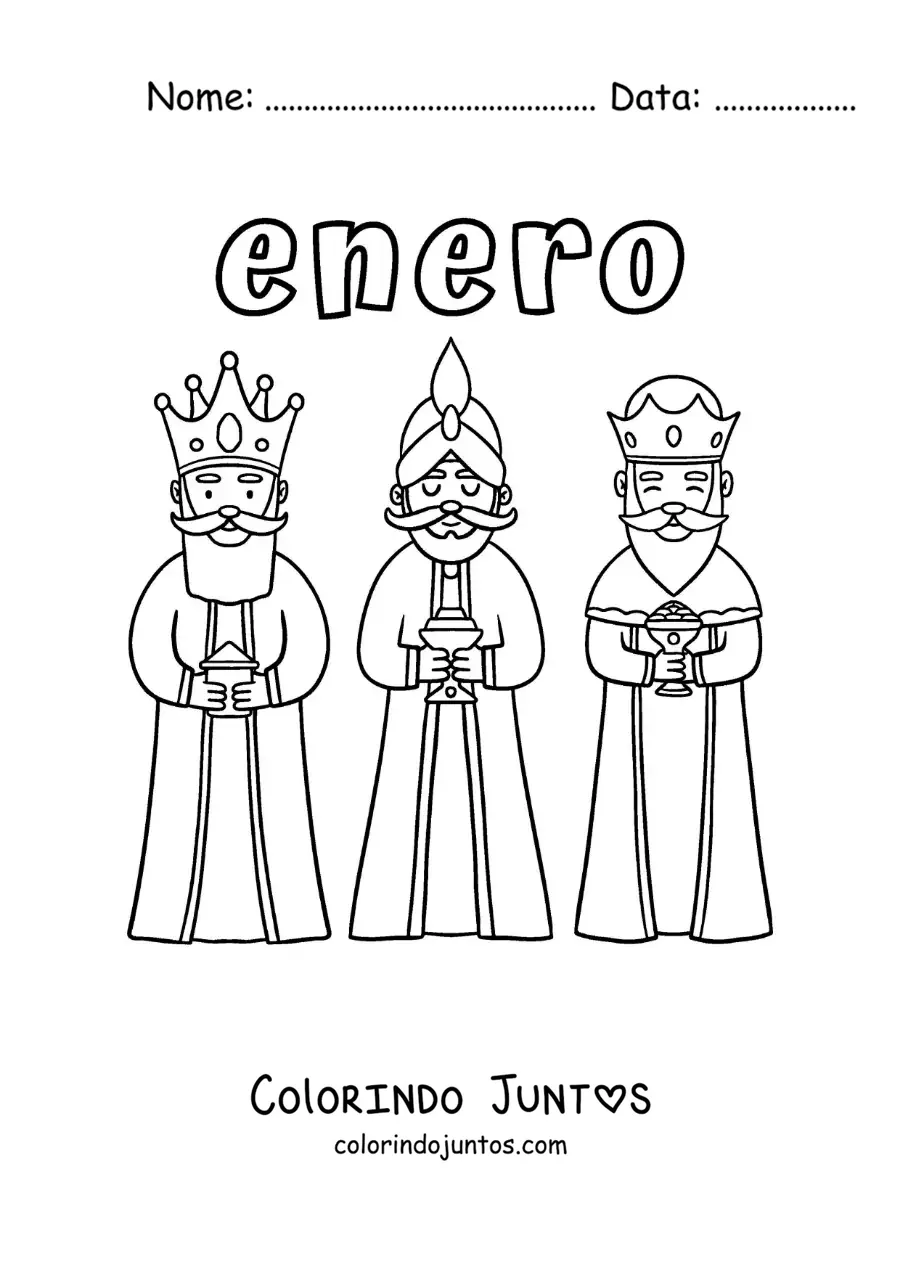 Desenho para colorir de janeiro com os três Reis Magos