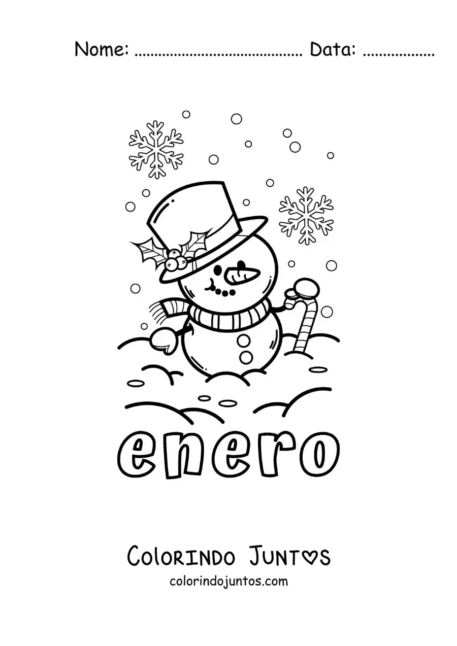 Desenho para colorir de janeiro com um boneco de neve animado
