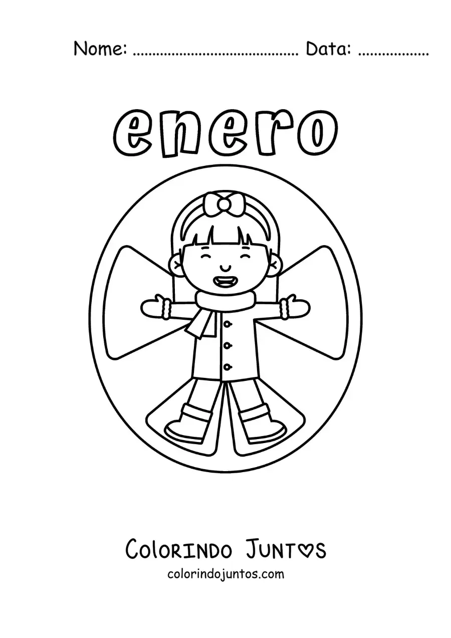 Desenho para colorir de janeiro com uma menina fazendo um anjo de neve