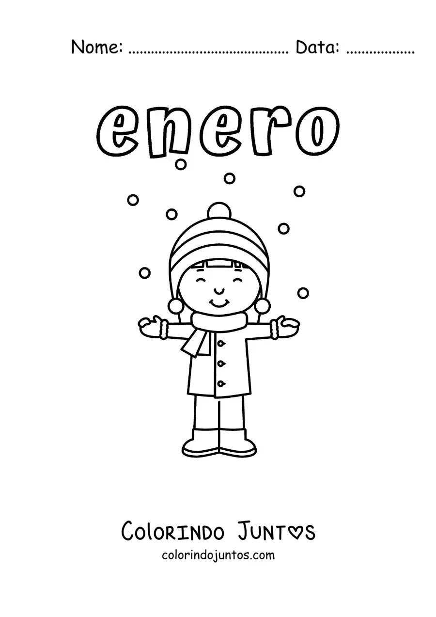 Desenho para colorir de janeiro com um menino na neve