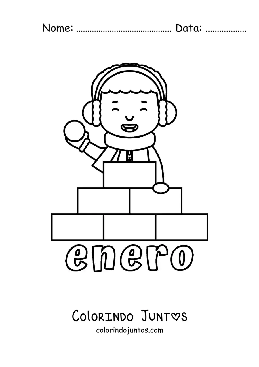 Desenho para colorir de janeiro com um menino brincando na neve