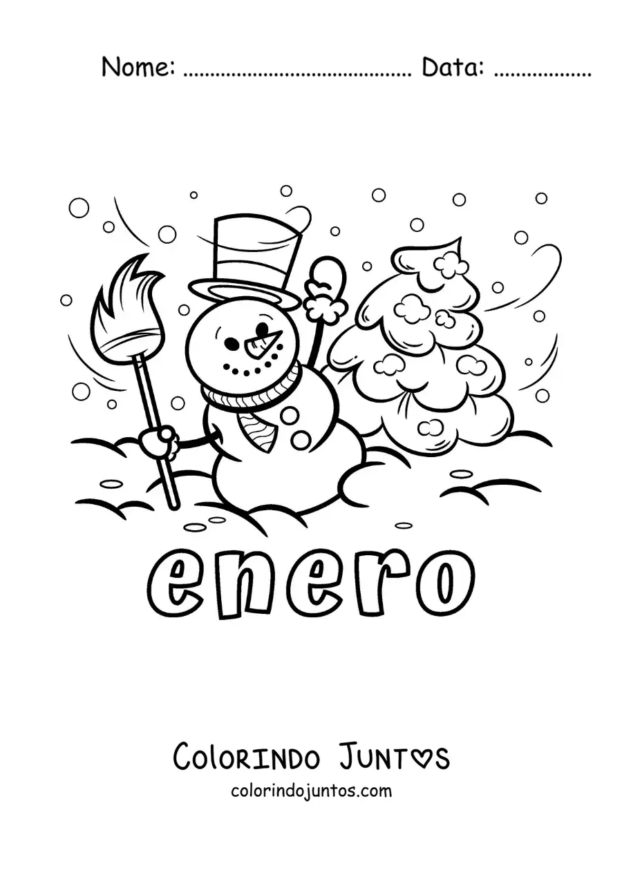 Desenho para colorir de janeiro com um boneco de neve animado e um pinheiro