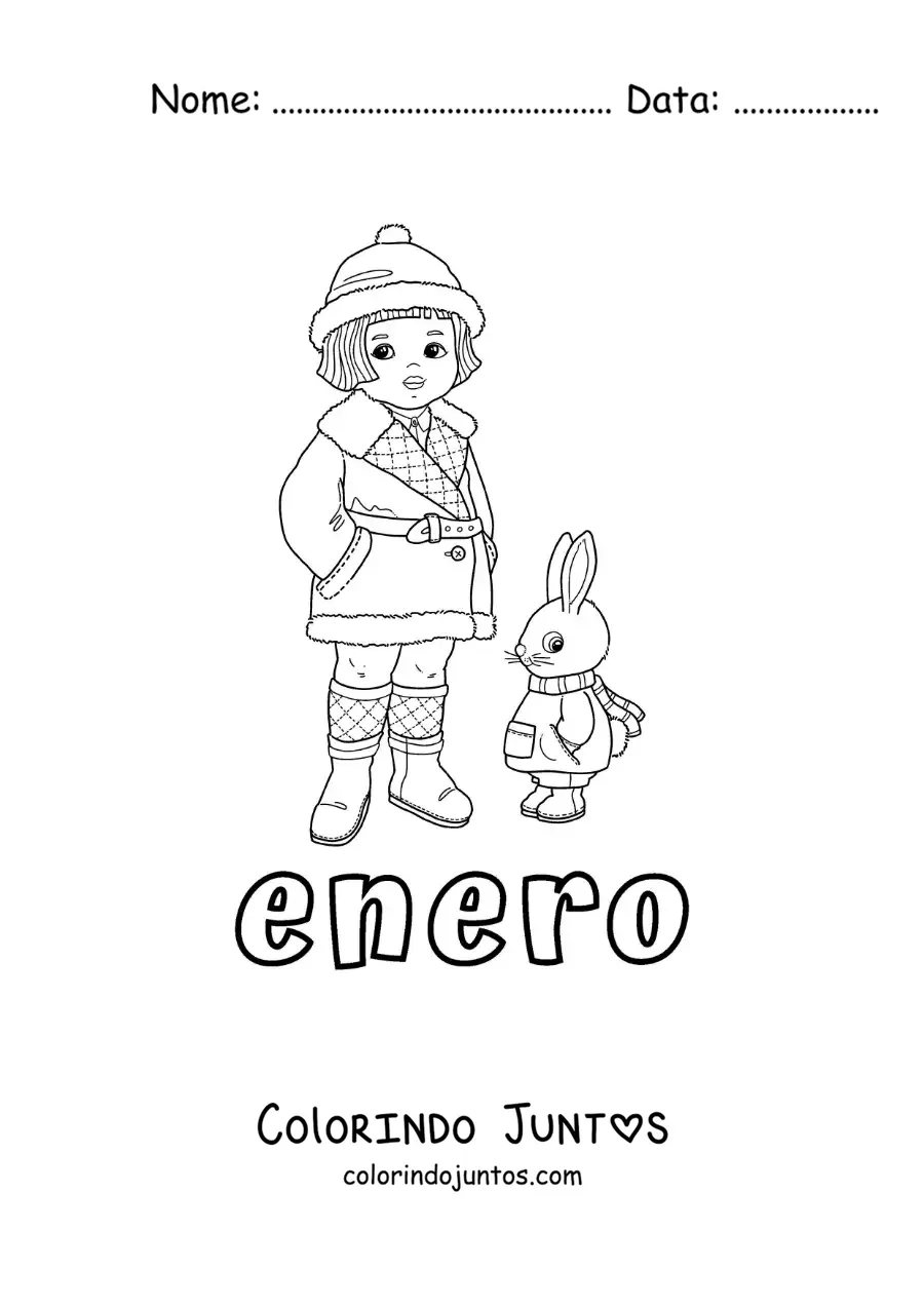 Desenho para colorir de janeiro com uma menina com roupas de inverno