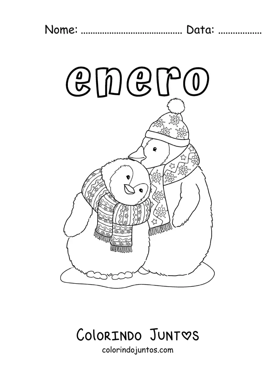 Desenho para colorir de janeiro com pinguins de cachecol