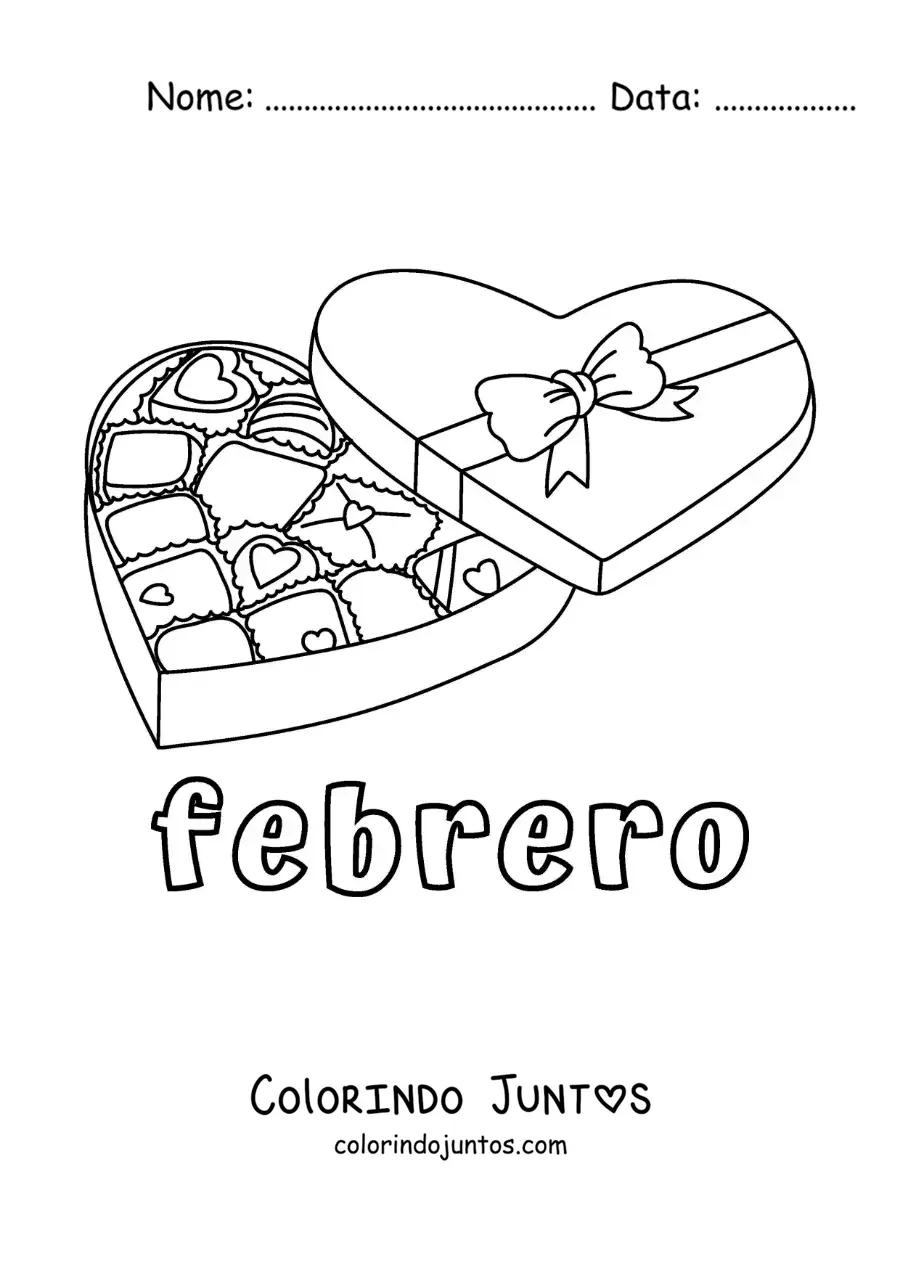 Desenho para colorir de fevereiro com uma caixa de chocolates de Dia dos Namorados