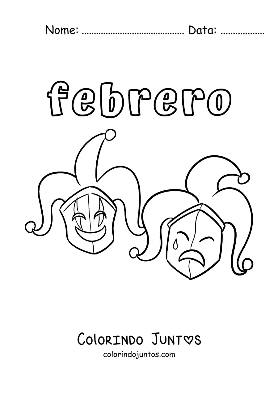 Desenho para colorir de fevereiro com máscaras de Carnaval