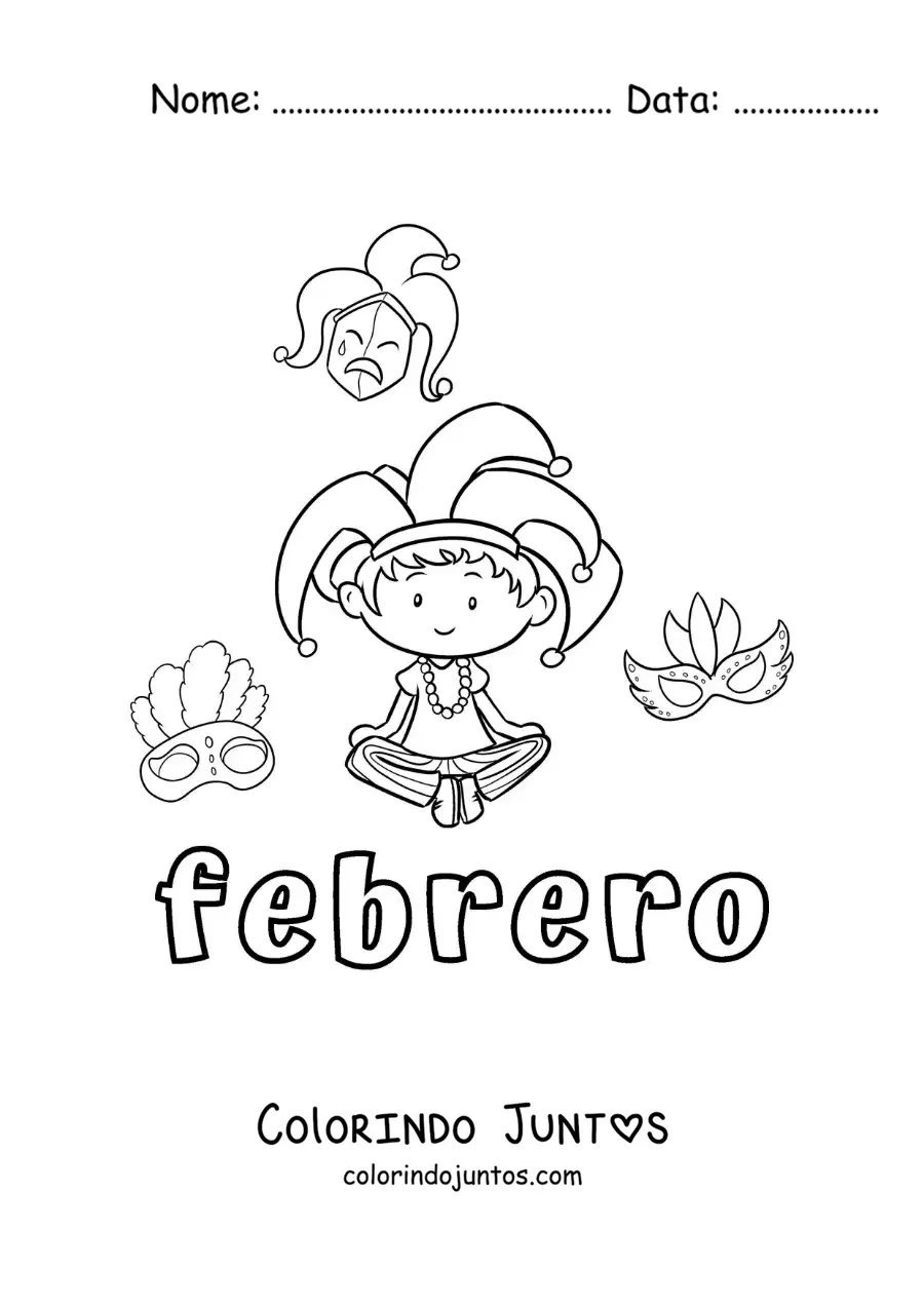Desenho para colorir de fevereiro com uma criança no Carnaval