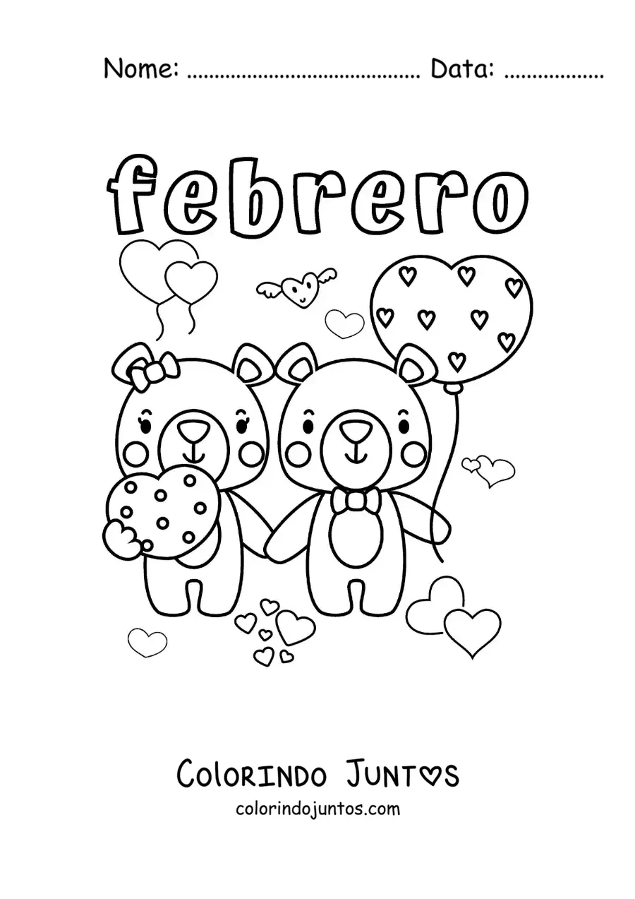Desenho para colorir de fevereiro com dois ursos de Dia dos Namorados apaixonados