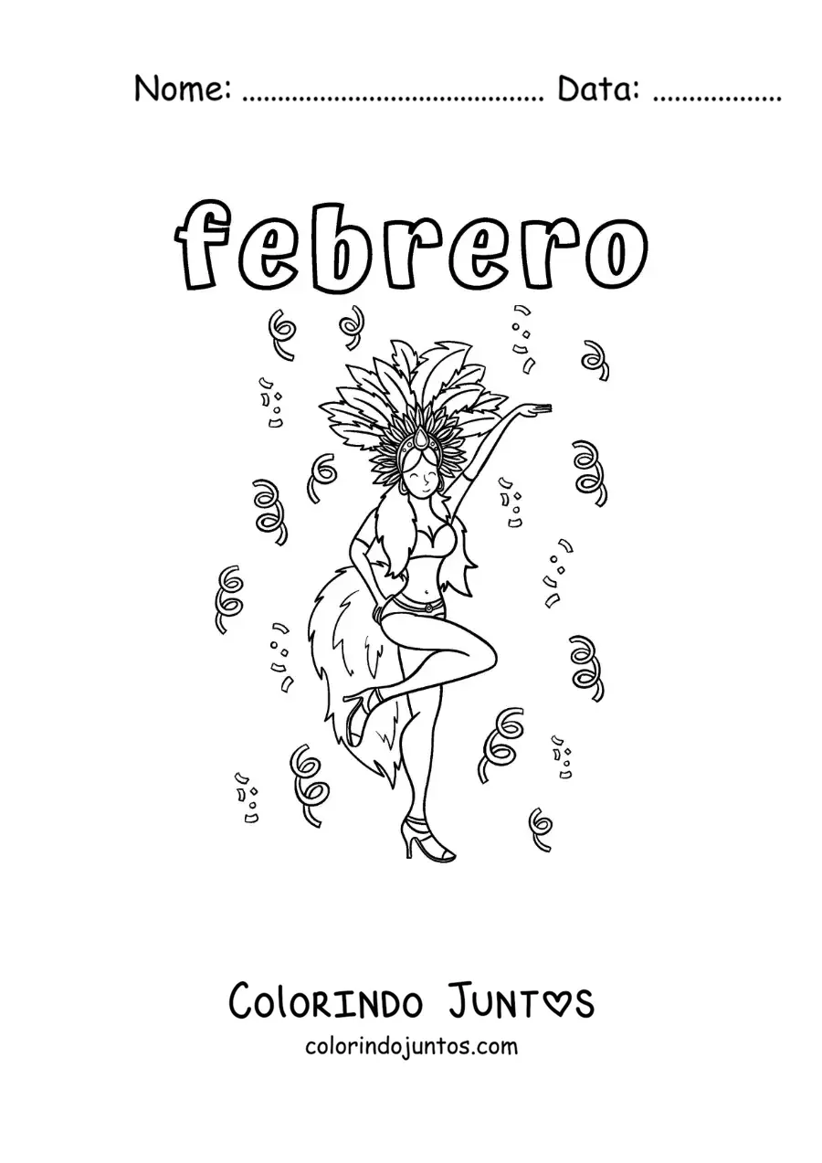 Desenho para colorir de fevereiro com uma dançarina do Carnaval do Brasil