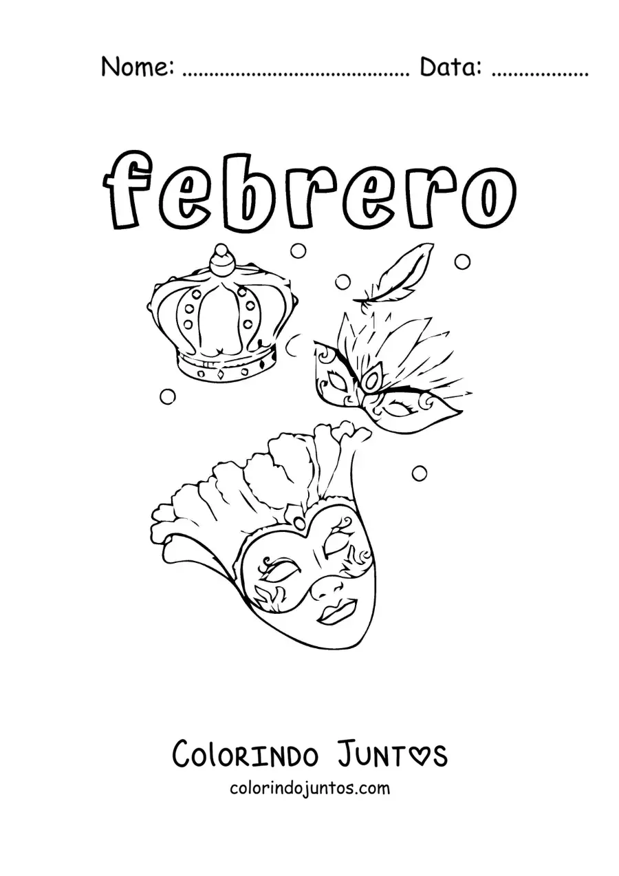 Desenho para colorir de fevereiro com máscaras típicas do Carnaval