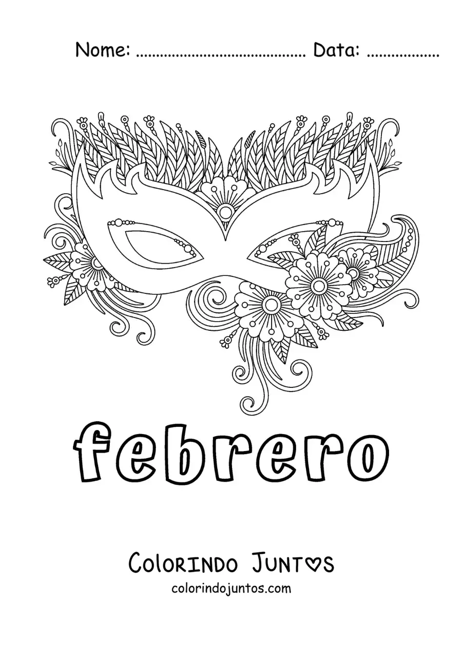 Desenho para colorir de fevereiro com uma máscara de Carnaval