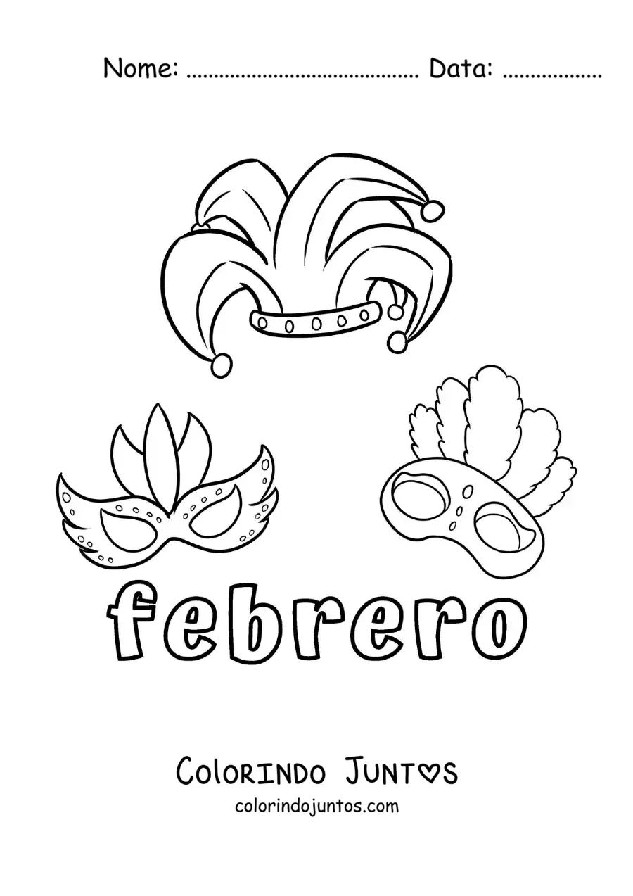 Desenho para colorir de fevereiro com máscaras de Carnaval animadas