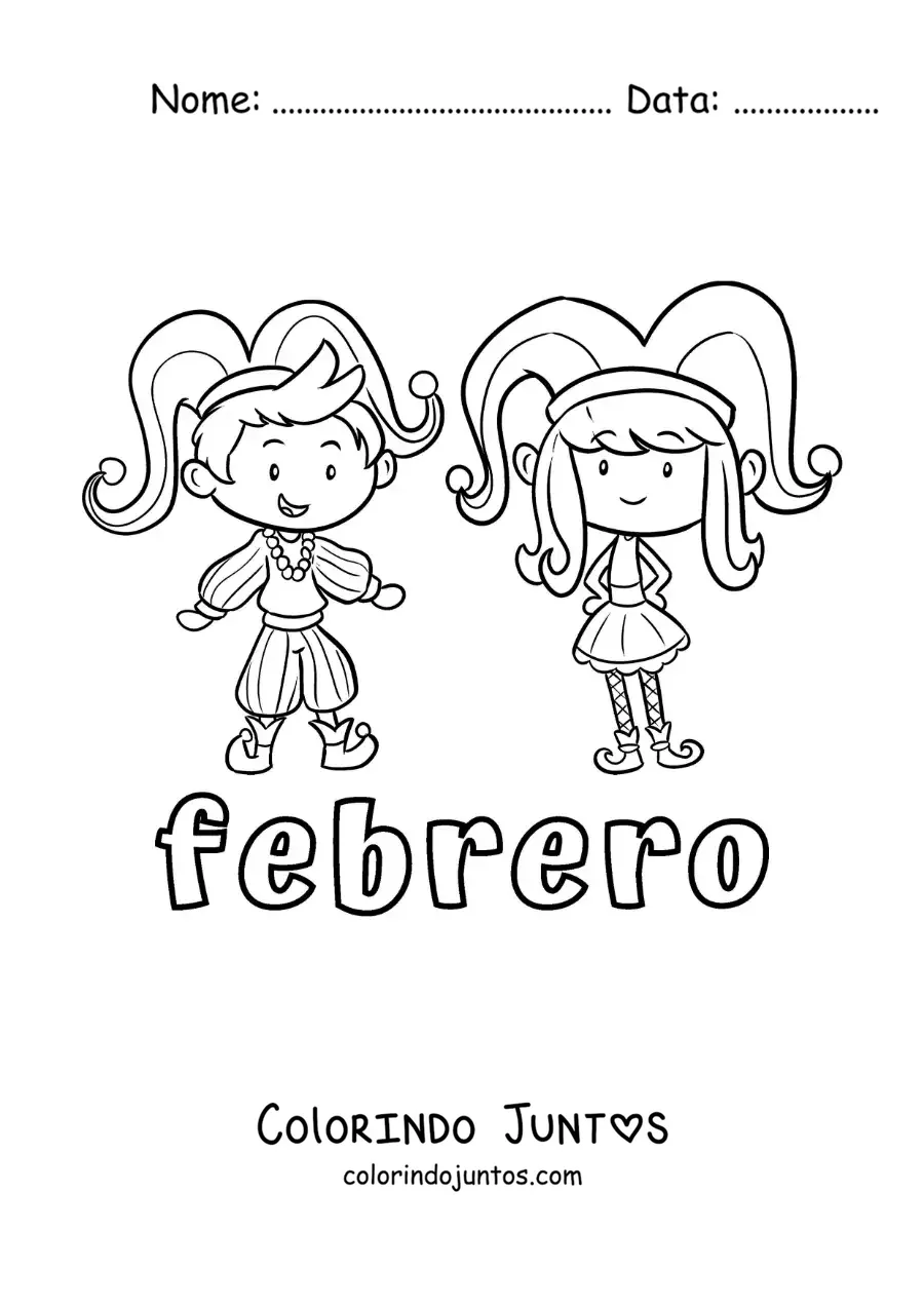 Desenho para colorir de fevereiro com duas crianças no Carnaval